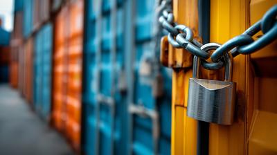 A padlock and chain securing a shipping container door, with a row of colourful containers in the background